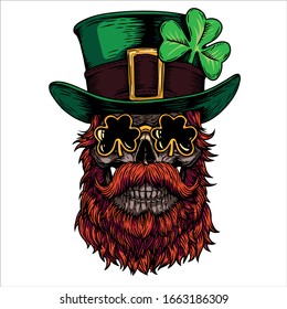 Happy saint patrick day. Holiday. Irish celtic Leprechaun skull with hat, beard and clover leaf. Design for poster, t-shirt, cover, emblem, logo, sign, tattoo. Hand draw vector skull illustration.