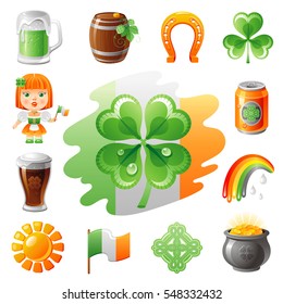 Happy Saint Patrick day icon set, flat icons isolated white background. Green beer, irish flag, shamrock clover, leprechaun gold treasure. Northern Ireland celtic holiday. Abstract template.