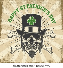 Happy saint patrick day. Irish Leprechaun skull with clover on grunge background. Design element for poster, t-shirt, emblem, sign. Vector illustration