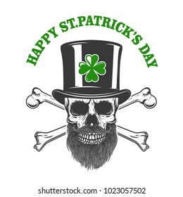 Happy saint patrick day. Irish Leprechaun skull with clover. Design element for poster, t-shirt, emblem, sign. Vector illustration