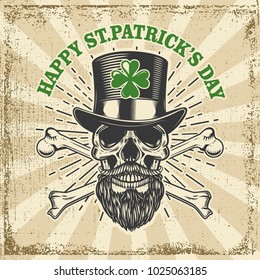 Happy saint patrick day. Irish Leprechaun skull with clover on grunge background. Design element for poster, t-shirt, emblem, sign. Vector illustration