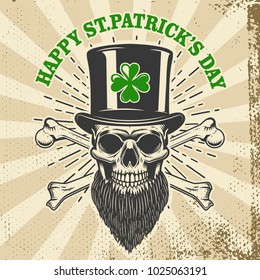 Happy saint patrick day. Irish Leprechaun skull with clover on grunge background. Design element for poster, t-shirt, emblem, sign. Vector illustration