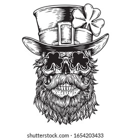 Happy saint patrick day. Irish celtic Leprechaun skull with hat, beard and clover leaf. Design for poster, t-shirt, cover, emblem, sign, tattoo. Hand draw vector skull illustration black on white