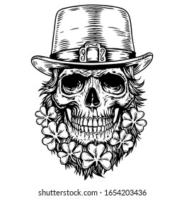 Feliz día de los santos. Calavera de Leprechaun con sombrero, barba y hoja de trébol. Diseño para afiches, pantalones, cubiertas, emblemas, signos, tatuajes. Ilustración del cráneo dibujada a mano negra en blanco