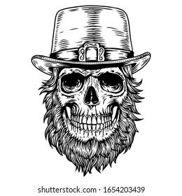 Feliz día de los santos. Calavera de Leprechaun con sombrero, barba y hoja de trébol. Diseño para afiches, pantalones, cubiertas, emblemas, signos, tatuajes. Ilustración del cráneo dibujada a mano negra en blanco