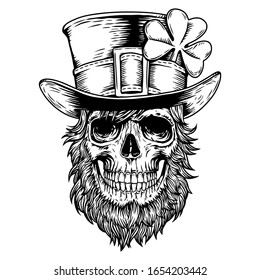 Happy saint patrick day. Irish celtic Leprechaun skull with hat, beard and clover leaf. Design for poster, t-shirt, cover, emblem, sign, tattoo. Hand draw vector skull illustration black on white