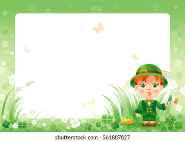 Happy Saint Patrick day. Irish dress baby boy border corner, isolated white background. Shamrock clover frame, rainbow, green grass. Traditional for Northern Ireland celtic holiday. Template poster