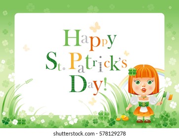 Happy Saint Patrick day. Irish dress baby girl border flyer isolated white background. Shamrock clover frame, rainbow, green grass. Traditional Northern Ireland celtic holiday. Text letter logo poster