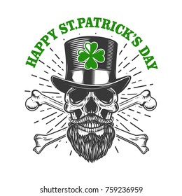 Happy saint patrick day. Irish Leprechaun skull with clover. Design element for poster, t-shirt, emblem, sign. Vector illustration