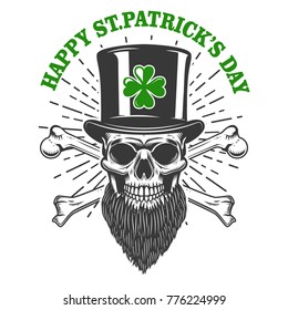 Happy saint patrick day. Irish Leprechaun skull with clover. Design element for poster, t-shirt, emblem, sign. Vector illustration