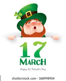 ¡Feliz Día de San Patricio! Leprechaun con una señal grande.