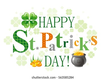 Happy Saint Patrick day. Leprechaun symbol, isolated white background, pot of gold, coin treasure. Shamrock clover leaf pattern. Traditional Northern Ireland celtic icon patrick's vector illustration