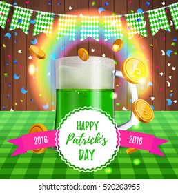Happy Saint Patrick day. Leprechaun 3D green beer mug on the table with gold coins and lucky rainbow. Traditional Northern Ireland celtic patrick's poster for bar, beer fest. Vector illustration