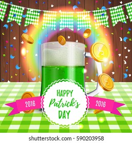 Happy Saint Patrick day. Leprechaun 3D green beer mug on the table with gold coins and lucky rainbow. Traditional Northern Ireland celtic patrick's poster for bar, beer fest. Vector illustration