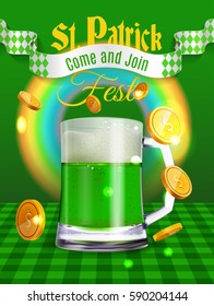Happy Saint Patrick day. Leprechaun 3D green beer mug on the table with gold coins and lucky rainbow. Traditional Northern Ireland celtic patrick's poster for bar, beer fest. Vector illustration