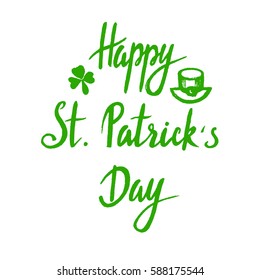 Happy Saint  Patrick Day lettering with pot of gold. Hand drawn vector illustration, greeting card, design, logo.