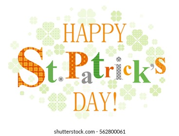 Happy Saint Patrick day logo. Leprechaun symbols border, isolated white background. Green Shamrock clover leaf pattern. Traditional Northern Ireland celtic holiday poster, patrick's text lettering
