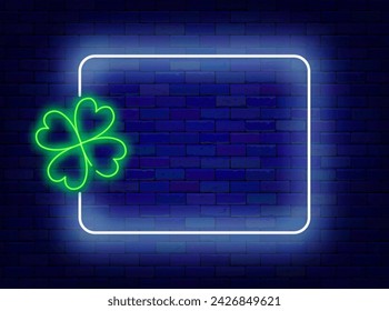 Happy Saint Patrick day neon flyer. Green clover leaf and empty white frame. Good luck. Casino winning concept. Nature eco concept. Copy space. Editing text. Vector stock illustration