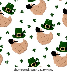 Happy Saint Patrick Day seamless pattern. Holiday background with irish hat, beard and pipe, leprechaun and clover leaf.