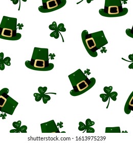 Happy Saint Patrick Day seamless pattern. Holiday background with irish hat, clover leaf.