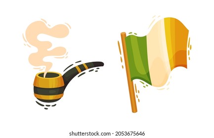 Happy Saint Patrick Day set. Smoking pipe and Flag of Ireland, traditional symbols of Irish holiday cartoon vector illustration