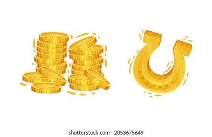 Happy Saint Patrick Day set. Golden coins and horseshoe, traditional symbols of Irish holiday cartoon vector illustration
