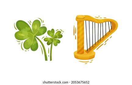 Happy Saint Patrick Day set. Three leaf clover and harp, traditional symbols of Irish holiday cartoon vector illustration