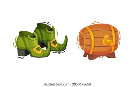 Happy Saint Patrick Day set. Green boots and barrel of beer, traditional symbols of Irish holiday cartoon vector illustration