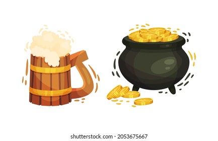 Happy Saint Patrick Day set. Mug of beer and cauldron of golden coins, traditional symbols of Irish holiday cartoon vector illustration