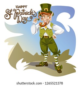 Happy Saint Patrick s Day. Character with green hat. Cartoon funny leprechaun with clover. Vector illustration
