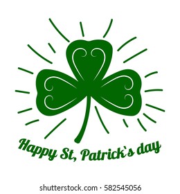 Happy Saint Patrick shamrock or four-leaf clover leaf. Lucky symbol or logo for Irish holiday greeting card design element and text template