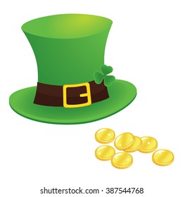 happy saint patrick's day 17 march with leprechaun hat, shamrock leaves and gold isolated background