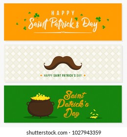 Happy Saint Patricks Day Abstract Banner Design Set with Irish Flag colors, Mustache and Golden Coin Pot.  