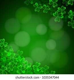 Happy Saint Patricks day abstract green Irish background with sbokeh lights and glowing shamrocks.  Party decoration. Modern vector illustration, web banner.