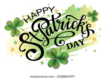 Feliz día de San Patricio abstracto verde y oro banner con letras, hojas de trébol y sombrero verde. Ilustración colorida del vector.