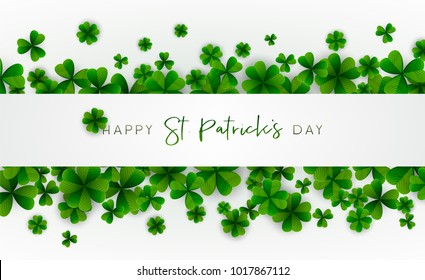 Happy Saint Patrick's Day background, greeting card with green four and tree leaf clovers, modern geometric template, trendy paper art design. Vector illustration.