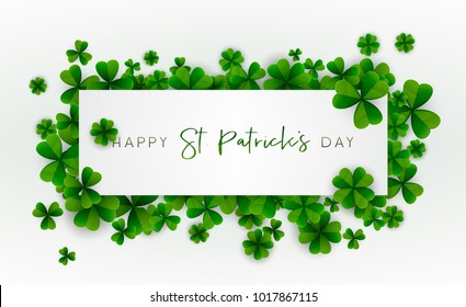 Happy Saint Patrick's Day background, greeting card with green four and tree leaf clovers, modern geometric template, trendy paper art design. Vector illustration.