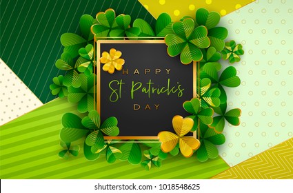 Happy Saint Patrick's Day background, greeting card with green and gold four and tree leaf clovers, modern geometric template, trendy paper art design. Vector illustration.