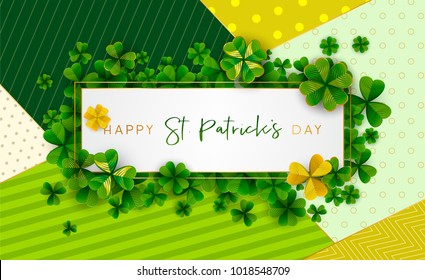 Happy Saint Patrick's Day background, greeting card with green and gold four and tree leaf clovers, modern geometric template, trendy paper art design. Vector illustration.