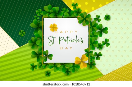 Happy Saint Patrick's Day background, greeting card with green and gold four and tree leaf clovers, modern geometric template, trendy paper art design. Vector illustration.