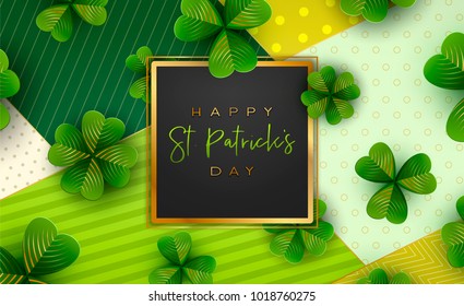 Happy Saint Patrick's Day background, greeting card with green and gold four and tree leaf clovers, modern geometric template, trendy paper art design. Vector illustration.