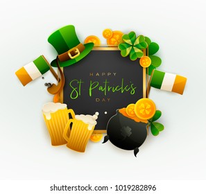 Happy Saint Patrick's Day background, greeting card with green and gold four and tree leaf clovers, modern geometric template, trendy paper art design. Vector illustration.