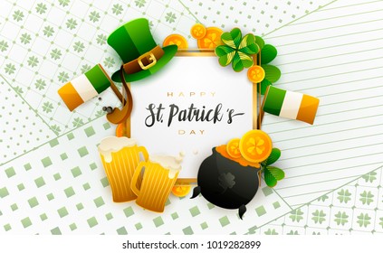 Happy Saint Patrick's Day background, greeting card with green and gold four and tree leaf clovers, modern geometric template, trendy paper art design. Vector illustration.