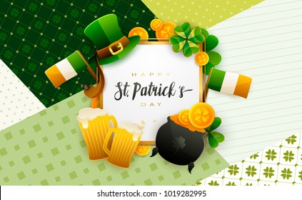 Happy Saint Patrick's Day background, greeting card with green and gold four and tree leaf clovers, modern geometric template, trendy paper art design. Vector illustration.
