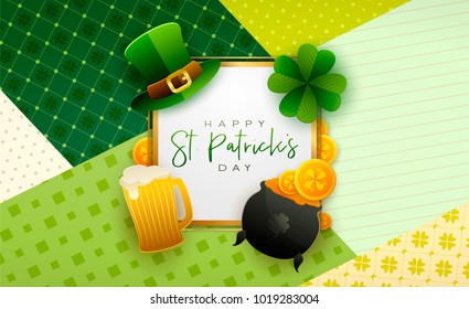 Happy Saint Patrick's Day background, greeting card with green and gold four and tree leaf clovers, modern geometric template, trendy paper art design. Vector illustration.