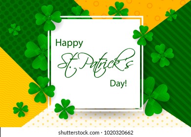 Happy Saint Patrick's Day background, greeting card with green and gold four and tree leaf clovers, modern geometric template, trendy art design. Vector illustration.