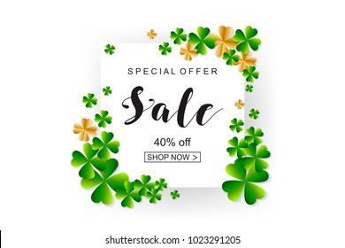 Happy Saint Patrick's Day background, greeting card with green and gold four and tree leaf clovers, white paper art design. Vector illustration.