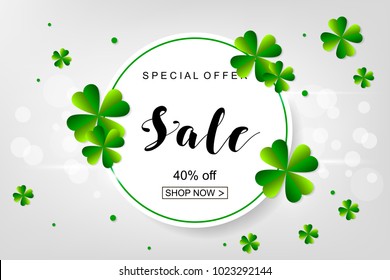Happy Saint Patrick's Day background, greeting card with green and gold four and tree leaf clovers, white paper art design. Vector illustration.