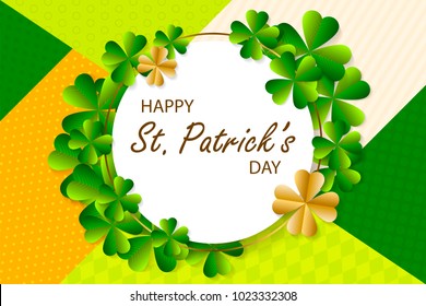 Happy Saint Patrick's Day background, greeting card with green and gold four and tree leaf clovers, modern geometric template, trendy paper art design. Vector illustration.