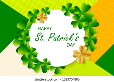Happy Saint Patrick's Day background, greeting card with green and gold four and tree leaf clovers, modern geometric template, trendy paper art design. Vector illustration.
